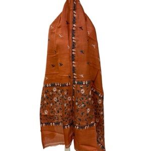 Rust Orange Elegant Embroidered Stole Dupatta Handloom Silk Scarf Festive Wrap